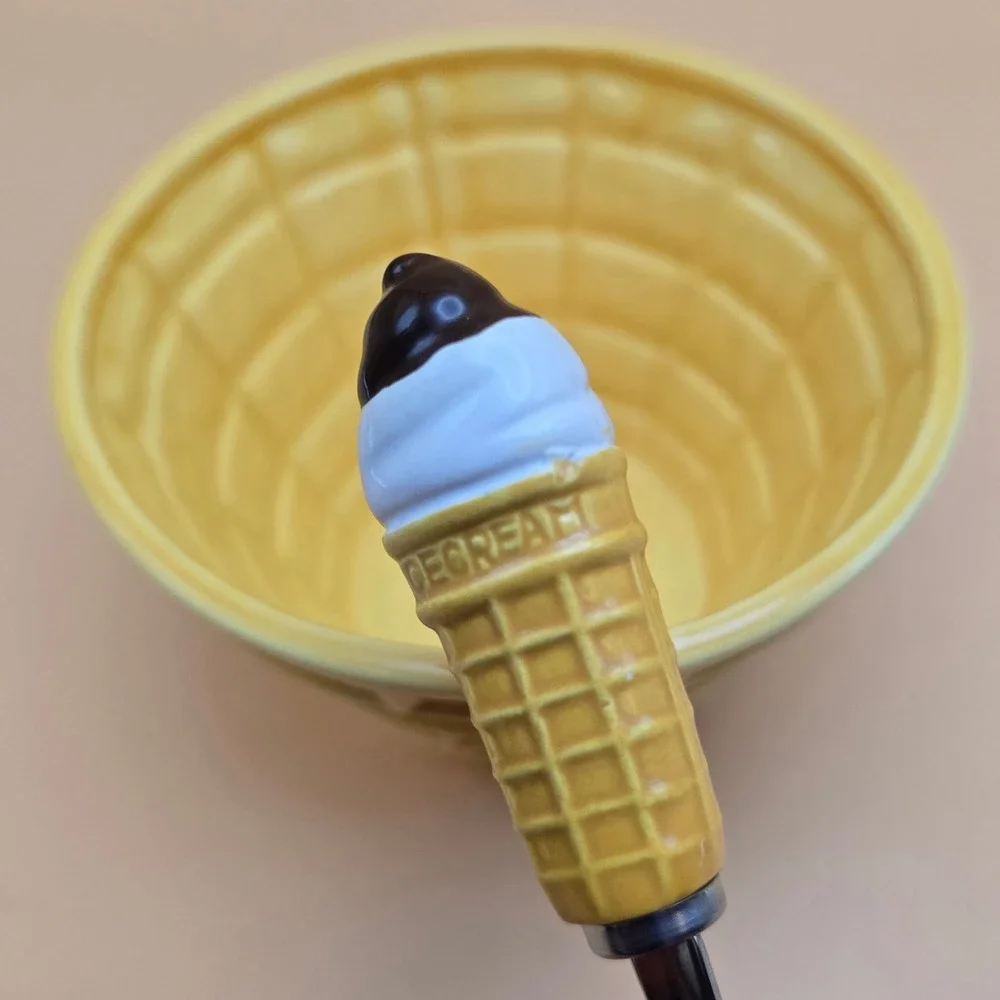 Vintage 1986 FTD Waffle Cone Ice Cream Bowl and Spoon Set Made in Japan Yellow